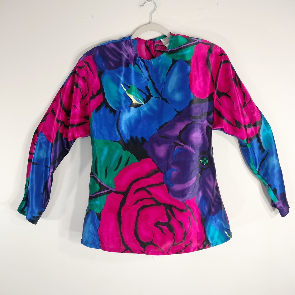 Tan Jay Multicolor Floral Blouse; Vintage 80s Long Sleeve Satin Top